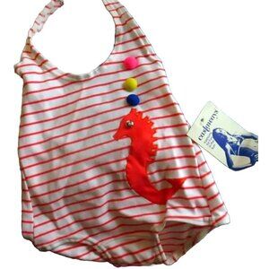Castaways Toddler Girls Size 3 Red Striped Nylon Swimsuit With Seahorse Applique